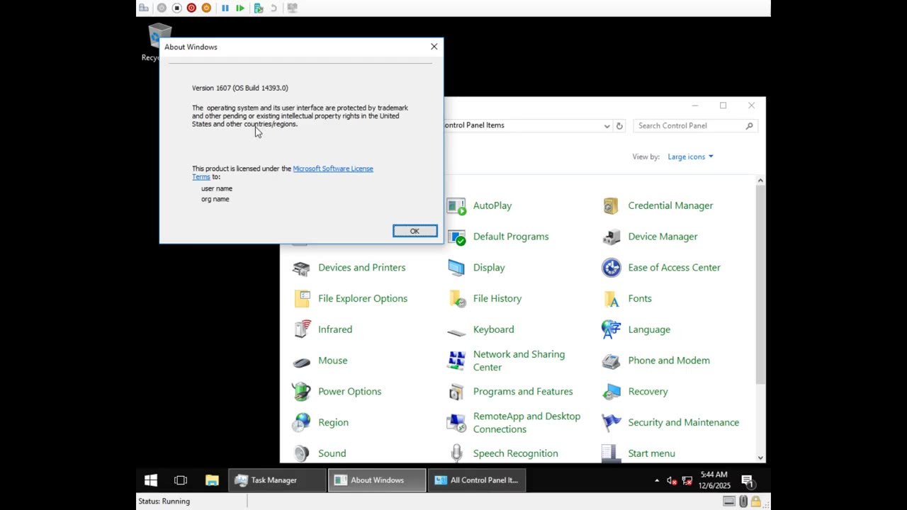 Windows 10 64bit 1607 on 240mb Hyper-V