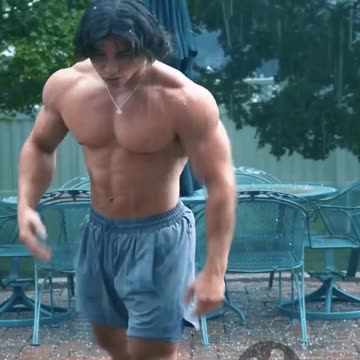 A man effortlessly flaunting his impeccable physique in the rain