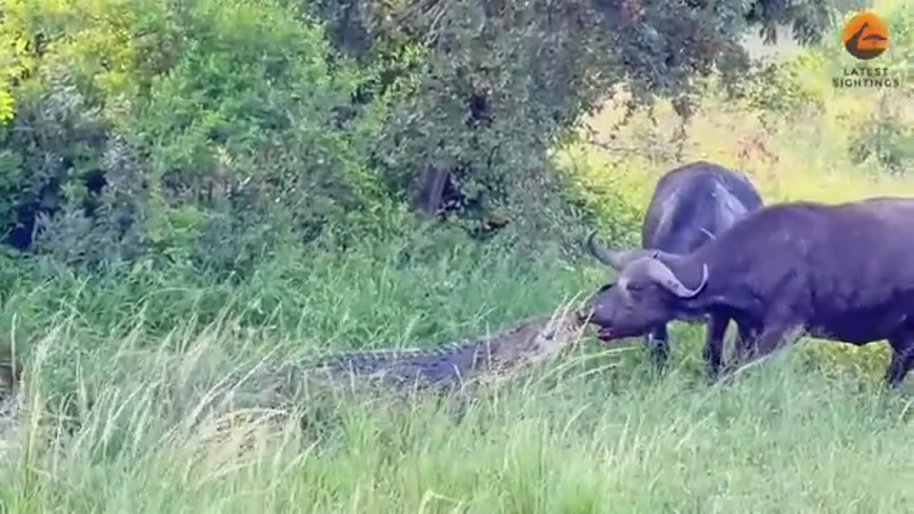 Buffalo Drags Huge Croc Out of the Water by Its Nose