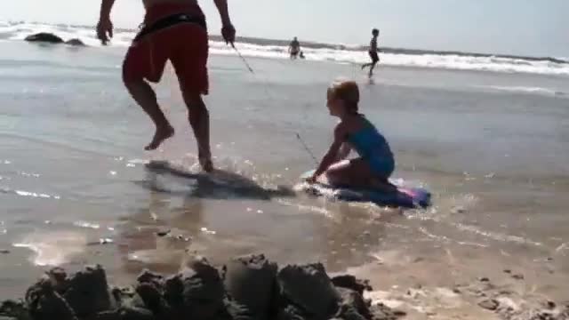 Collab copyright protection - shirtless dad pulls daughter beach