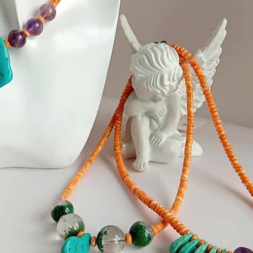 Orange spiny oyster with Ametrine and irregular Natural turquoise gemstone jewelry necklace