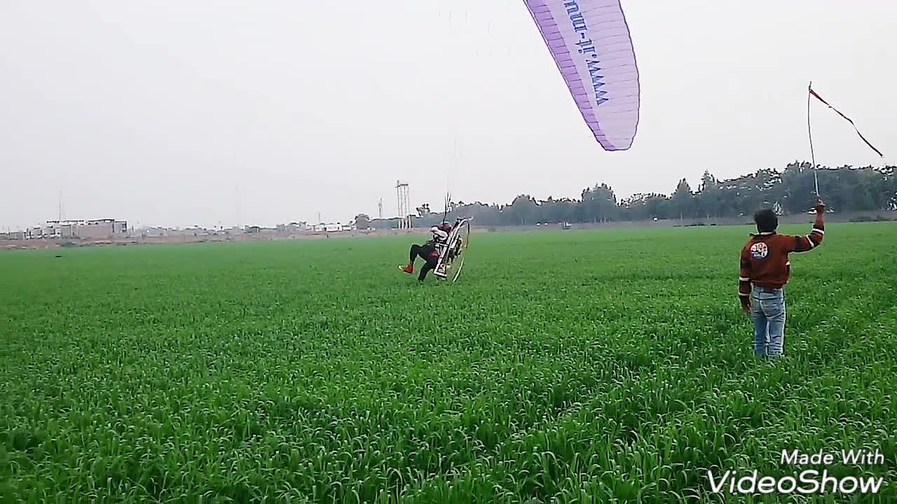 Guy on purple hand glider in field