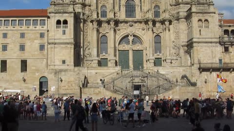 The Cathedral of Santiago in Spain with bagpipes playing