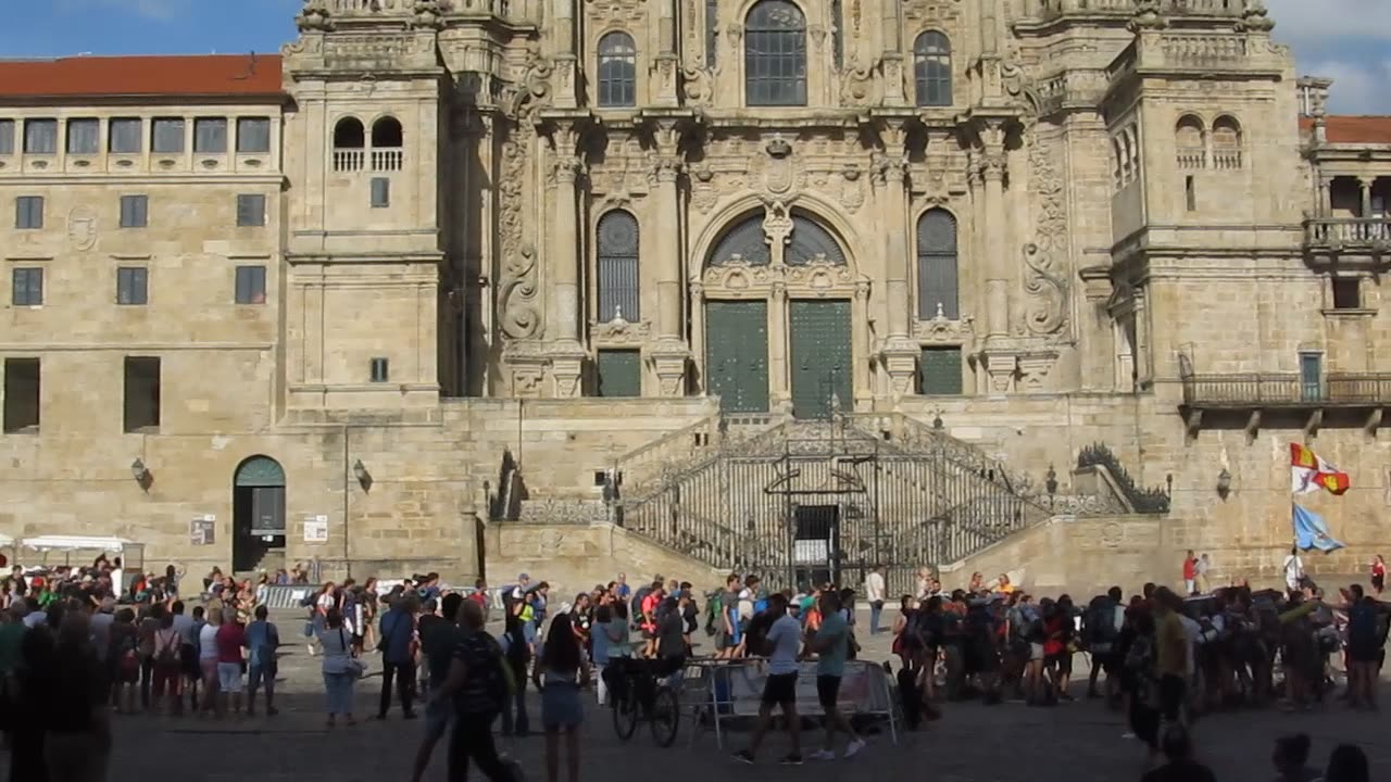 The Cathedral of Santiago in Spain with bagpipes playing