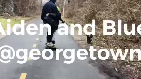 dad son and dog skate together