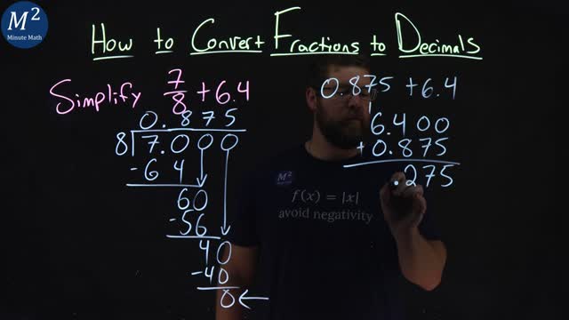 How to Convert Fractions to Decimals | 7/8+6.4 | Part 4 of 4 | Minute Math