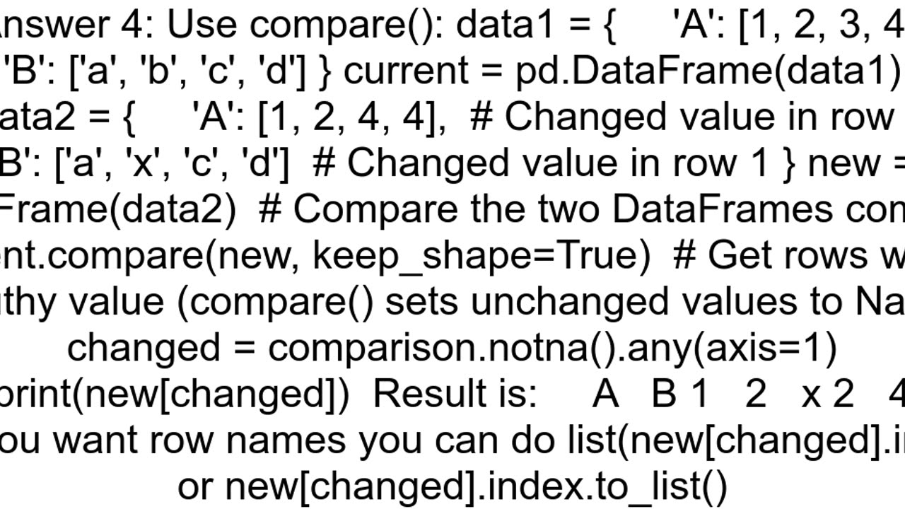 Compare 2 pandasDataFrames get differences and print only rows that changed from the first one