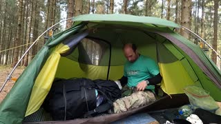 Tidying up inside the tent