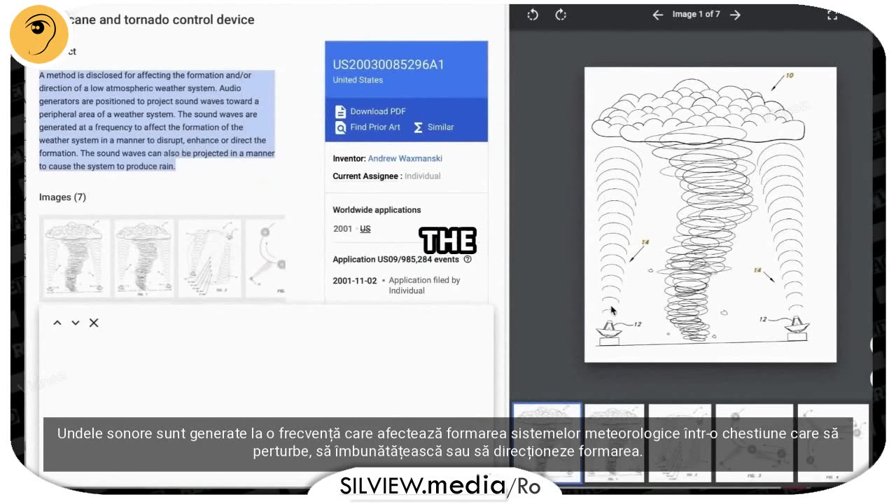 Tehnologie pentru controlul uraganelor cu unde sonore - patent de inventie din 2001