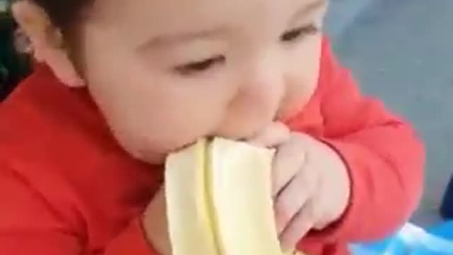 Cute baby eating banana