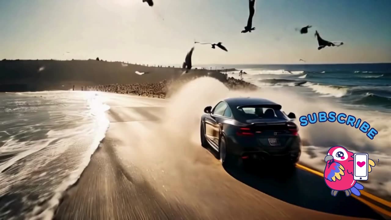 blue racing car in front of the sea