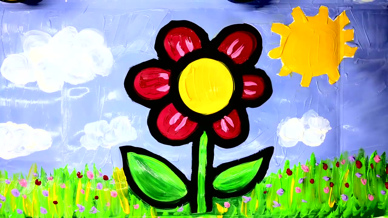 Painting a Flower on Grass Painting Page, Learning Coloring with Paint for Baby