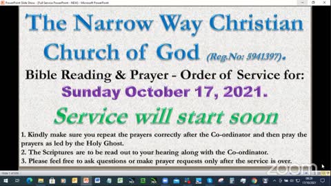 The Narrow Way Christian Church of God - Sunday Service - 17/10/21
