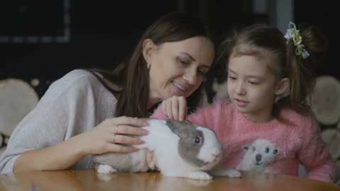 Mother and daughter playing with rabbit