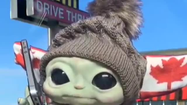 Baby Yoda in front of Tim Hortons