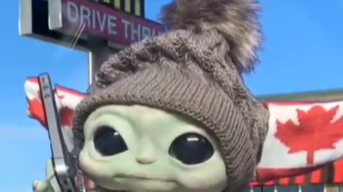 Baby Yoda in front of Tim Hortons