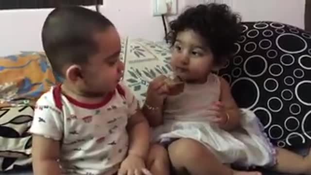 Cute babies brother sister fighting for love