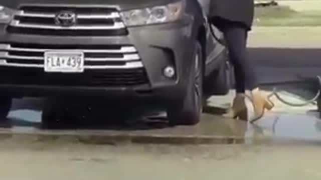 Woman washing a car at the wrong place