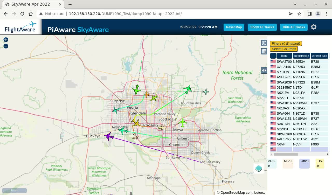 May 25th 2022 - timelapsed piaware skyaware for Phoenix Az