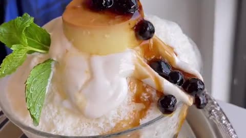 Boba and Flan cake with shave ice. Boba makes everything taste better, true