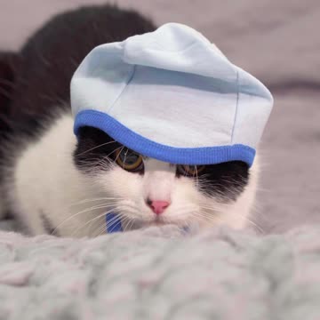 cat looking shy while on gray bed