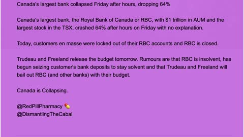 Canada's largest bank collapsed Friday after hours, dropping 64%