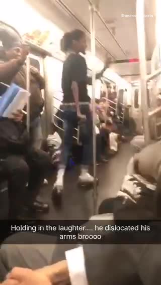 Contortionist twists his arms in a circle, woman on subway watches in disgust