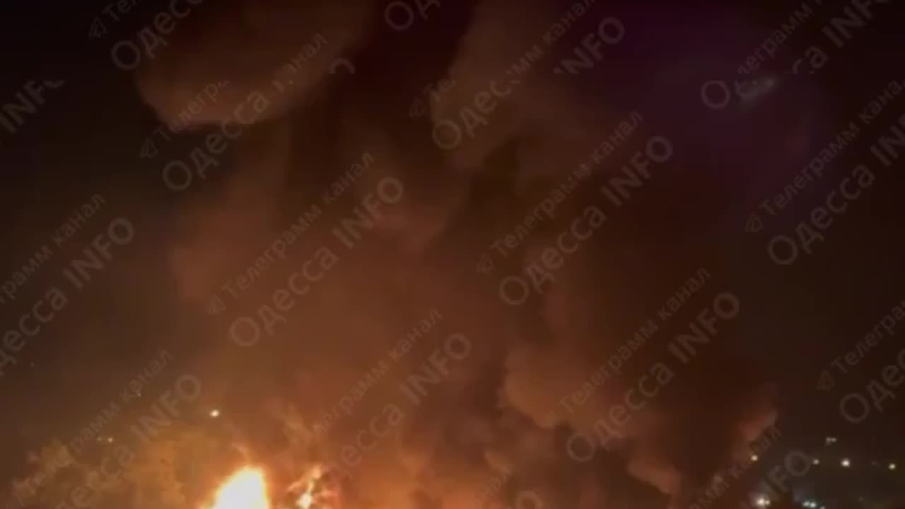 A Russian strike on a Ukrainian facility in Odessa started a big fire.