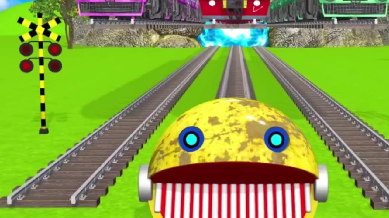 【踏切アニメ】 あぶない電車 Ms PACMAN Vs 5 Train Crossing Fumikiri 3D Railroad Crossing Animation