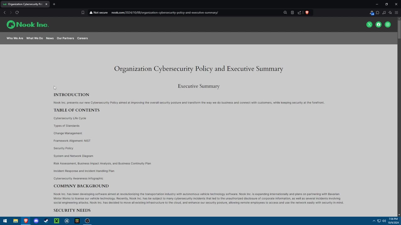 CYB-610: Benchmark – Organization Cybersecurity Policy and Executive Summary