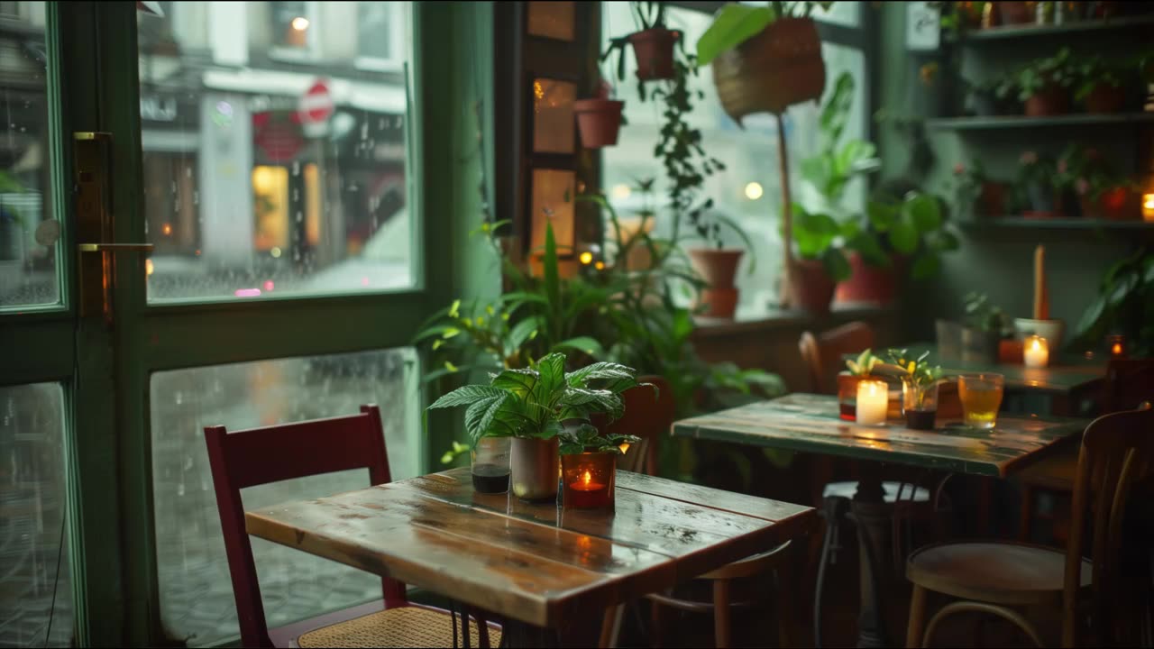 Greenhouse Restaurant Ambiance - Piano Music Meditation - People Talking and Rain Ambiance