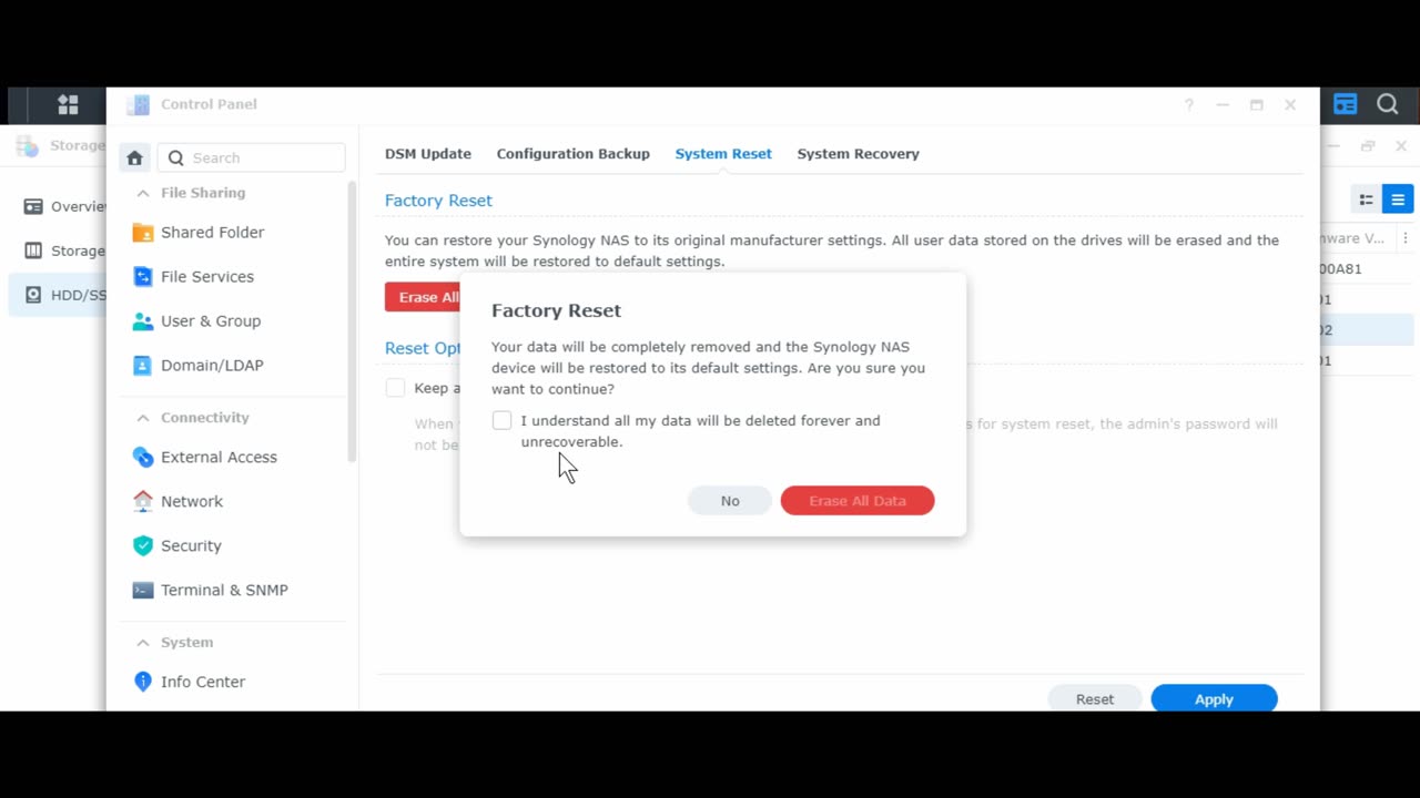 Reset Erase Synology NAS System Configuration Setup to Default Screen Capture No Commentary