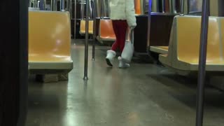 Woman white fur coat and red pants