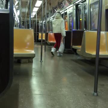 Woman white fur coat and red pants