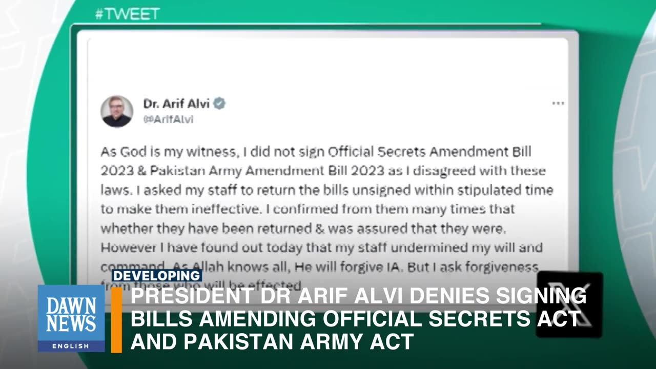 President Of Pakistan Dr Arif Alvi Denies signing bills Amending Official Secrets Act