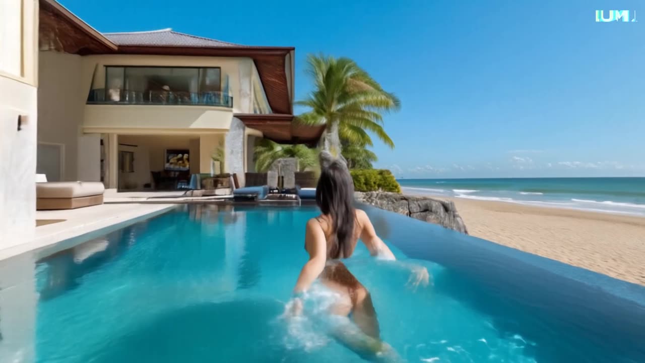 fantastic real estate beachfront with beautiful girl in the big pool