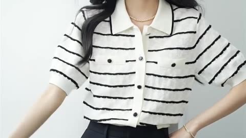 Striped Knitted Cardigan Sweater Women Short Sleeve