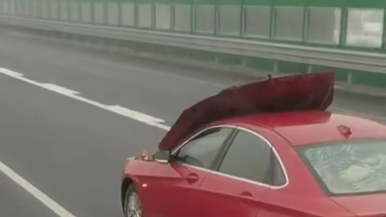 The hood of a car on the road was raised