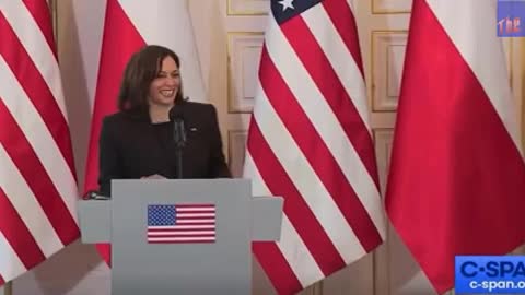 Kamala Harris cracks a joke and laughs when asked about the US accepting Ukrainian refugees