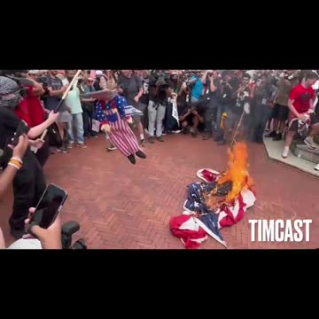 Retarded Leftist Rioting Outside U.S Capitol Building Burn U.S. Flag Stolen Off Flagpole.