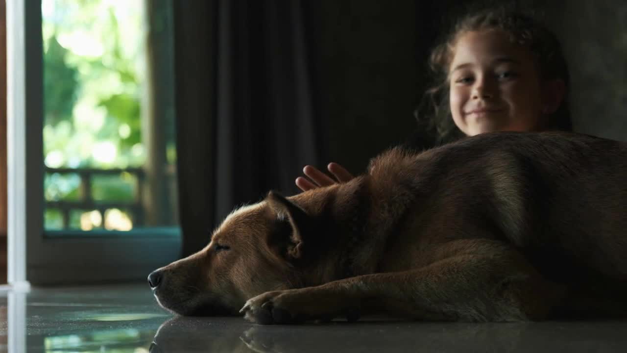 Smiling girl taking free time with her dog. Scratching her back