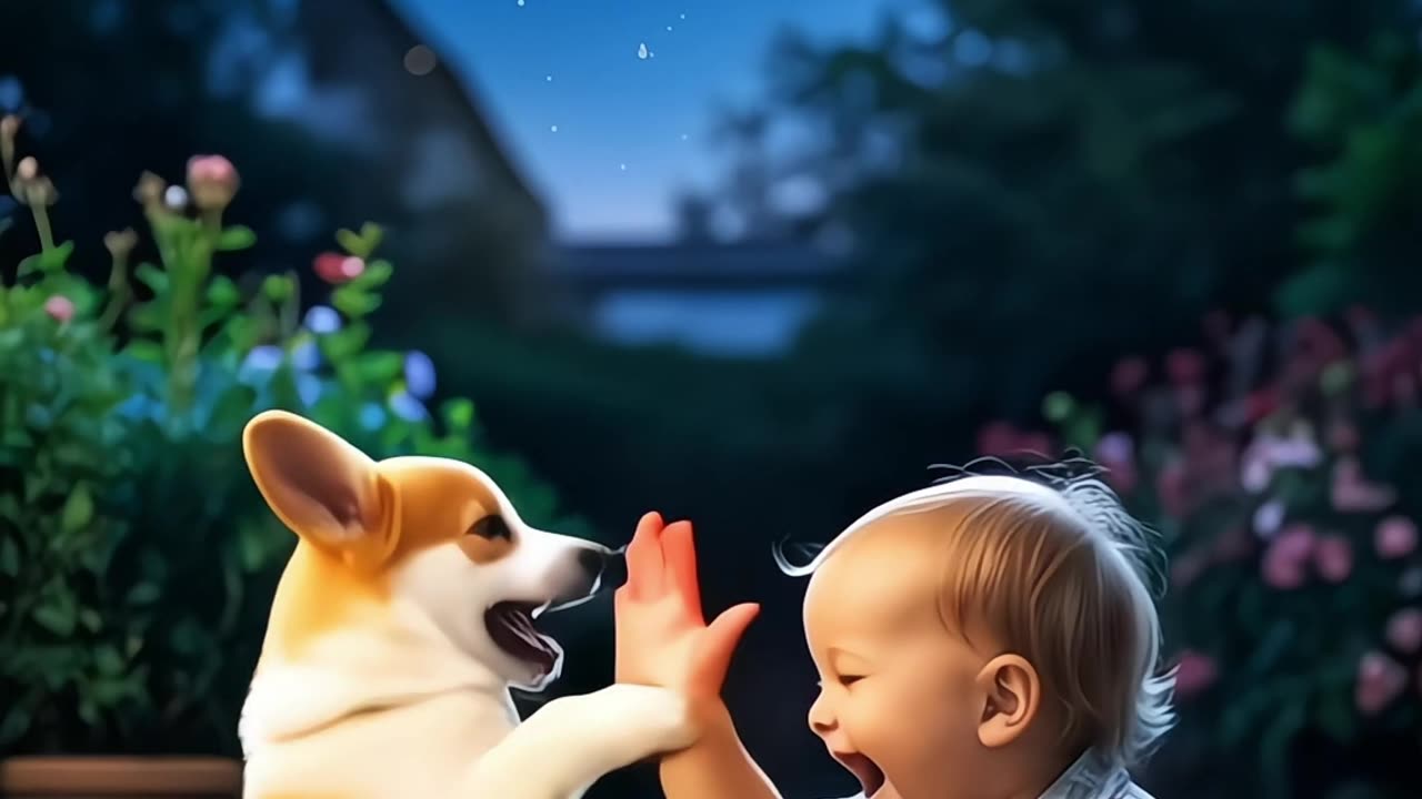 Cute Baby playing with dog