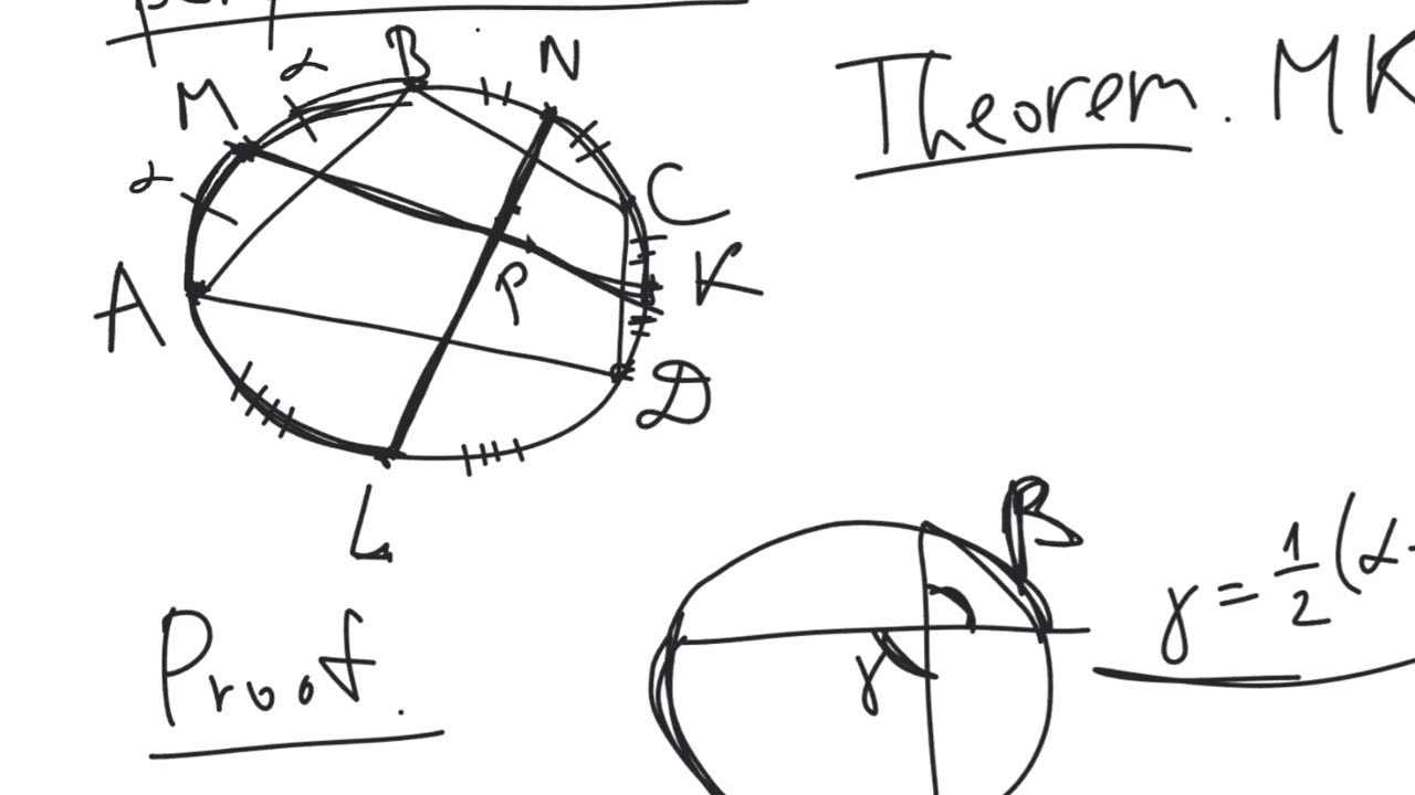 Segments connecting midpoints of opposite arcs of circumcircle of quadril. | geometry | intermediate