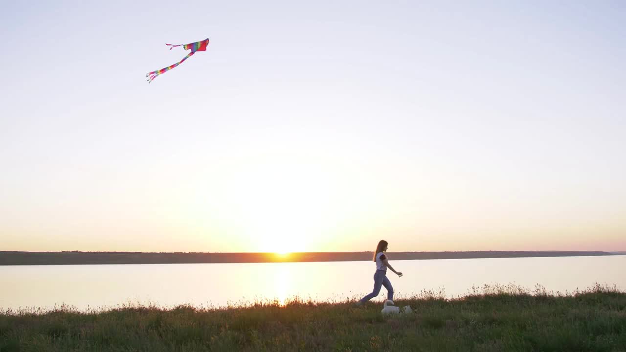 Young happy woman and het little dog walking with flying kite on a glade at sunset