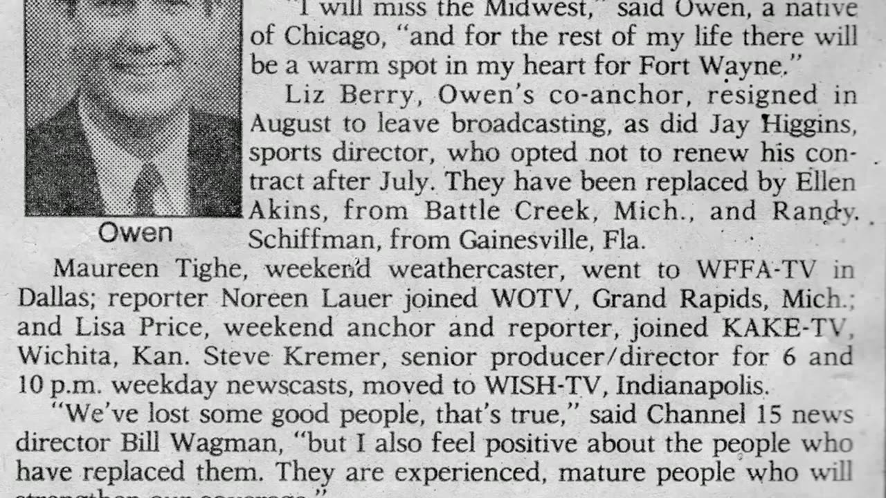 September 16, 1987 - Fort Wayne Journal-Gazette : "Ken Owen Resigns as WANE-TV Anchor" (HD)