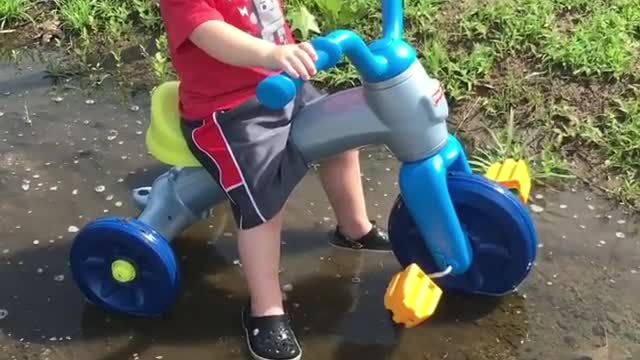 Collab copyright protection - red shirt kid bicycle puddle play