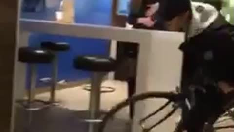 Bicycle in mcdonalds runs into counter