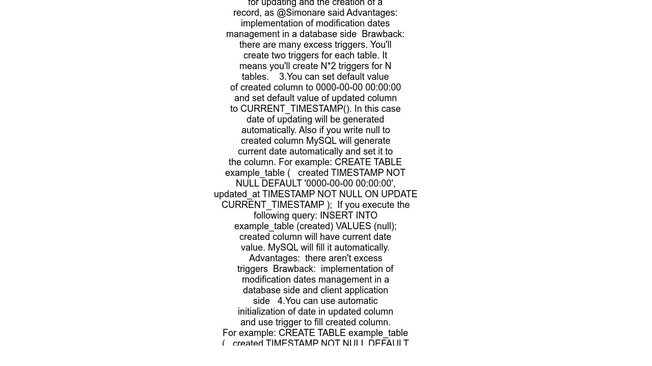 MariaDBMySql Setting CURRENT_TIMESTAMP on CREATE and changing noting on UPDATE