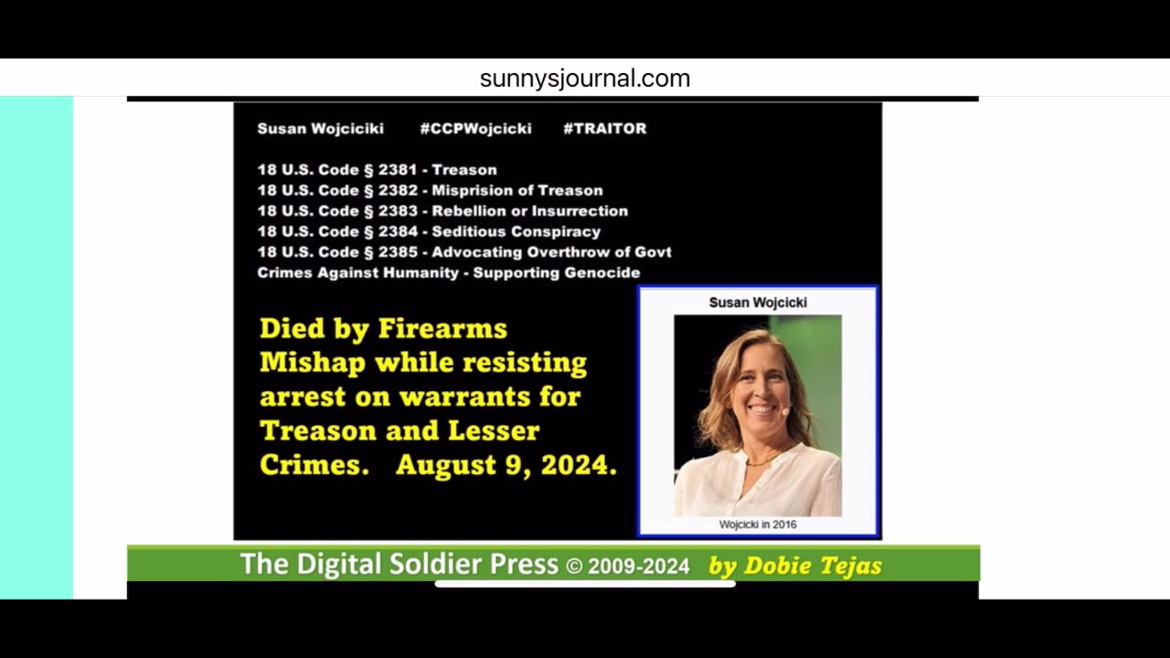 Former YouTube CEO Susan Wojcicki Killed in Firearms Mishap While Resisting Arrest