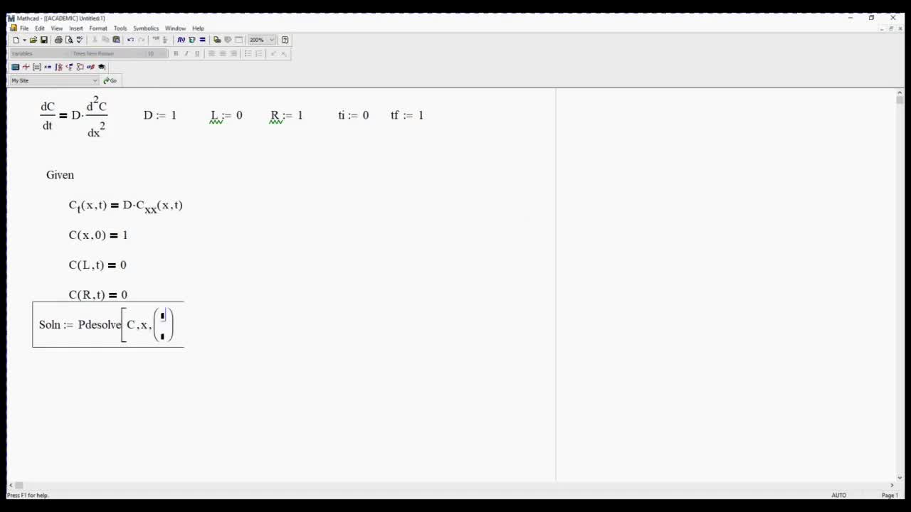 Using Mathcad 15 for solving partial differential equation (PDESOLVE)